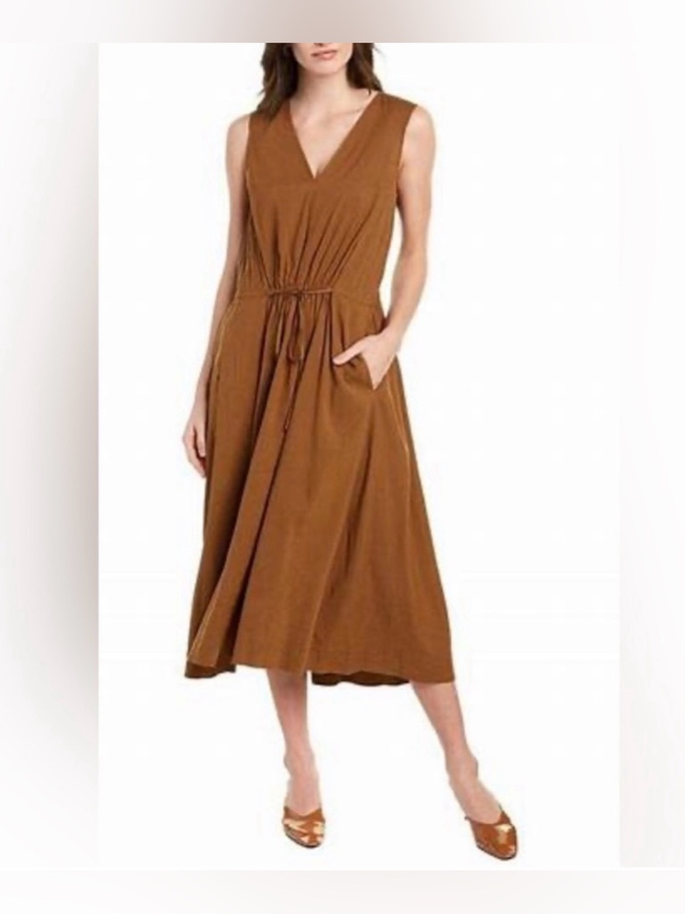 Vince Sleeveless V Neck Linen Blend Midi Dress Brown Tie Waist Size S